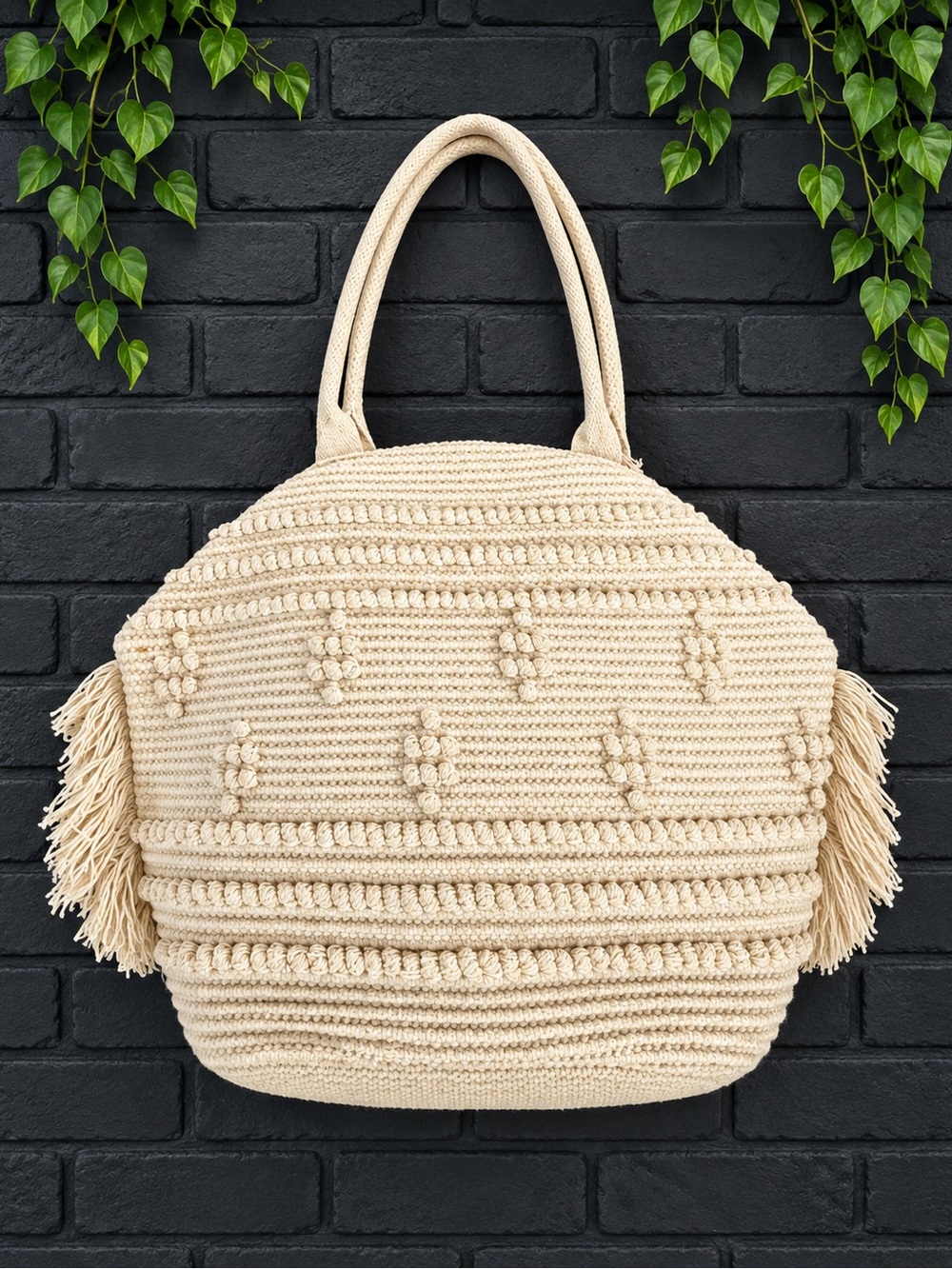 Shade & Shore Cream Textured Boho Fringe Large Tote
